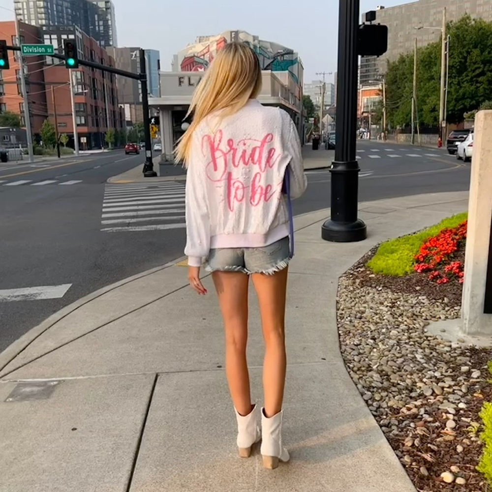 White sequins bride to be bomber full zip
